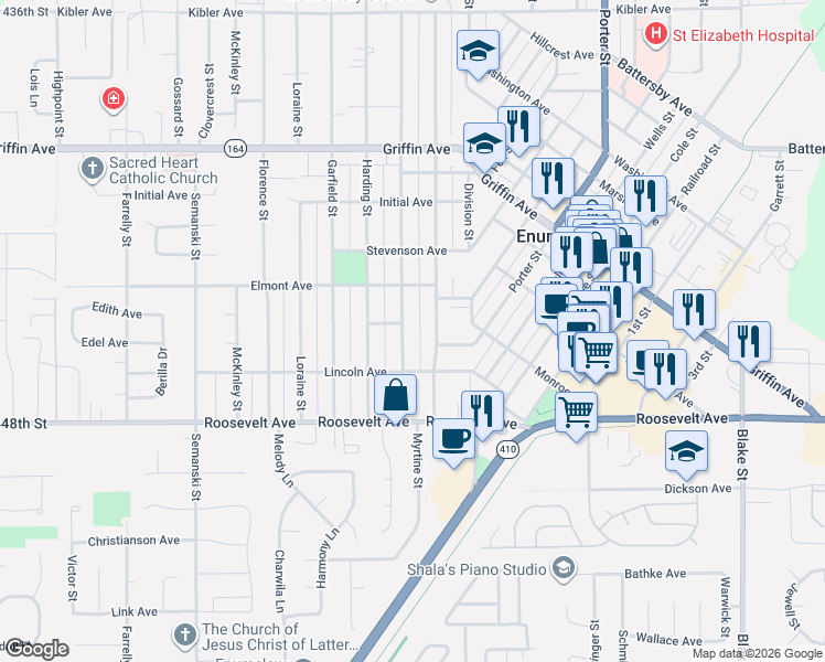 map of restaurants, bars, coffee shops, grocery stores, and more near 1204 Lafromboise Street in Enumclaw