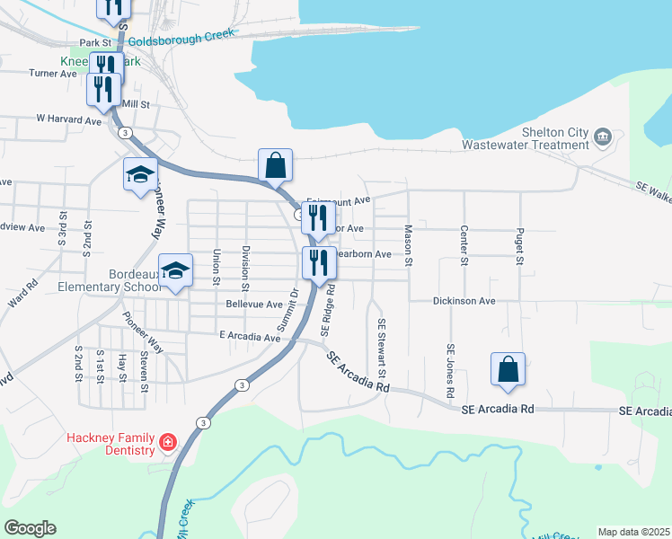 map of restaurants, bars, coffee shops, grocery stores, and more near 1518 Southeast Ridge Road in Shelton