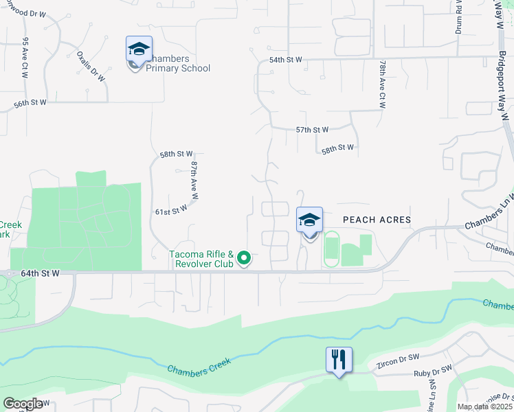 map of restaurants, bars, coffee shops, grocery stores, and more near 6104 84th Avenue Court West in University Place