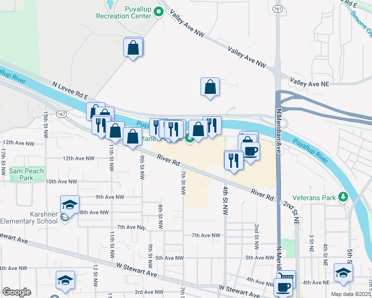 map of restaurants, bars, coffee shops, grocery stores, and more near 621 River Road in Puyallup