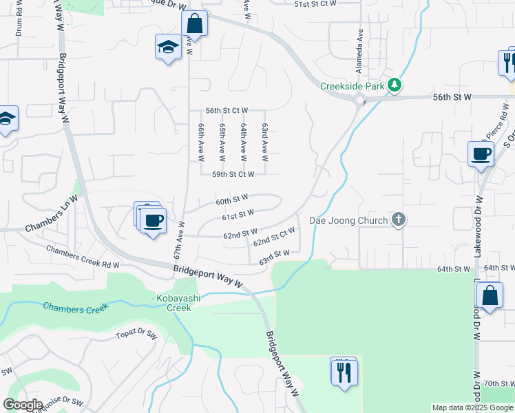 map of restaurants, bars, coffee shops, grocery stores, and more near 6337 61st Street West in University Place