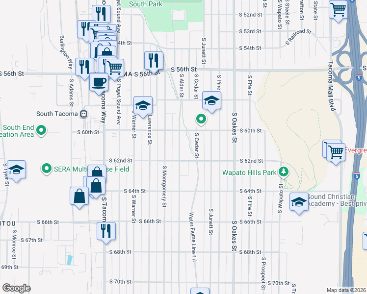 map of restaurants, bars, coffee shops, grocery stores, and more near 6025 South Alder Street in Tacoma