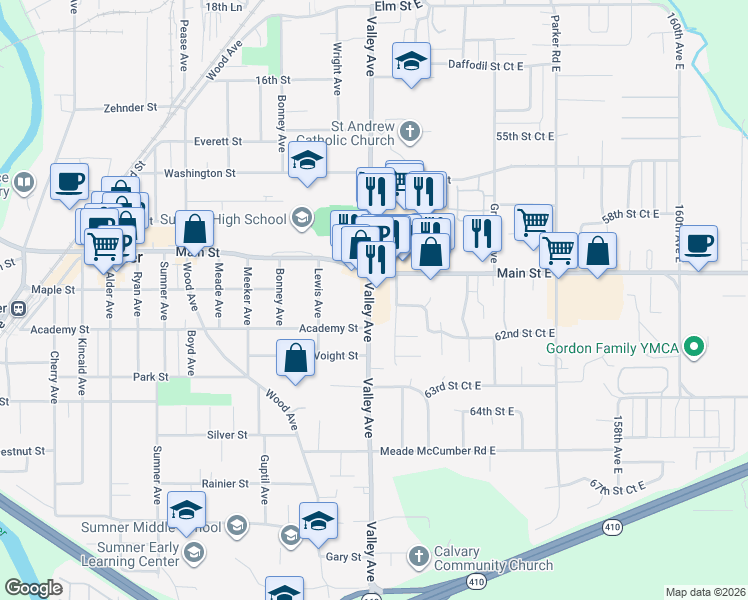 map of restaurants, bars, coffee shops, grocery stores, and more near 821 Valley Avenue in Sumner
