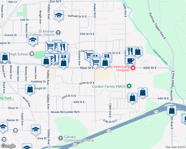 map of restaurants, bars, coffee shops, grocery stores, and more near 6022 Parker Road East in Sumner