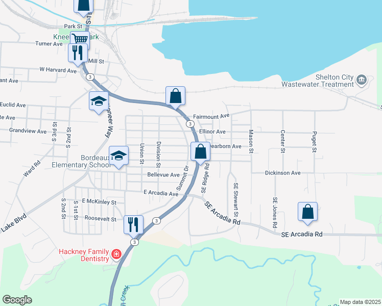map of restaurants, bars, coffee shops, grocery stores, and more near 1511 Washington 3 in Shelton