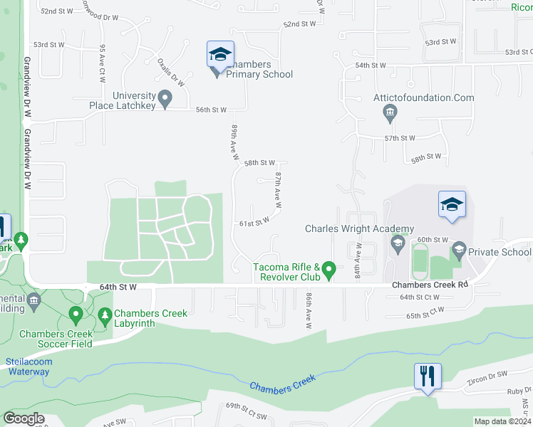 map of restaurants, bars, coffee shops, grocery stores, and more near 8709 61st Street West in Tacoma