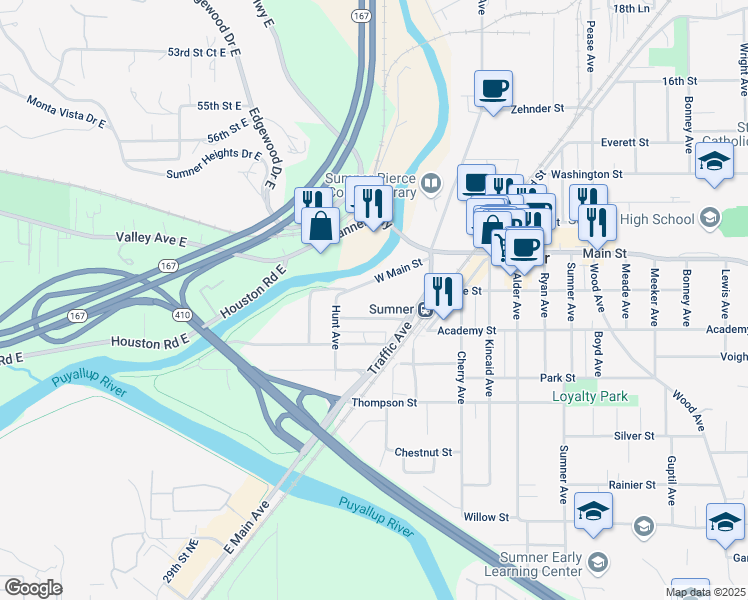 map of restaurants, bars, coffee shops, grocery stores, and more near 626-1/2 Main Street in Sumner