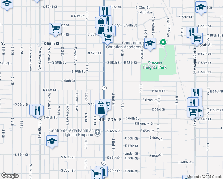 map of restaurants, bars, coffee shops, grocery stores, and more near 6020 South Bell Street in Tacoma