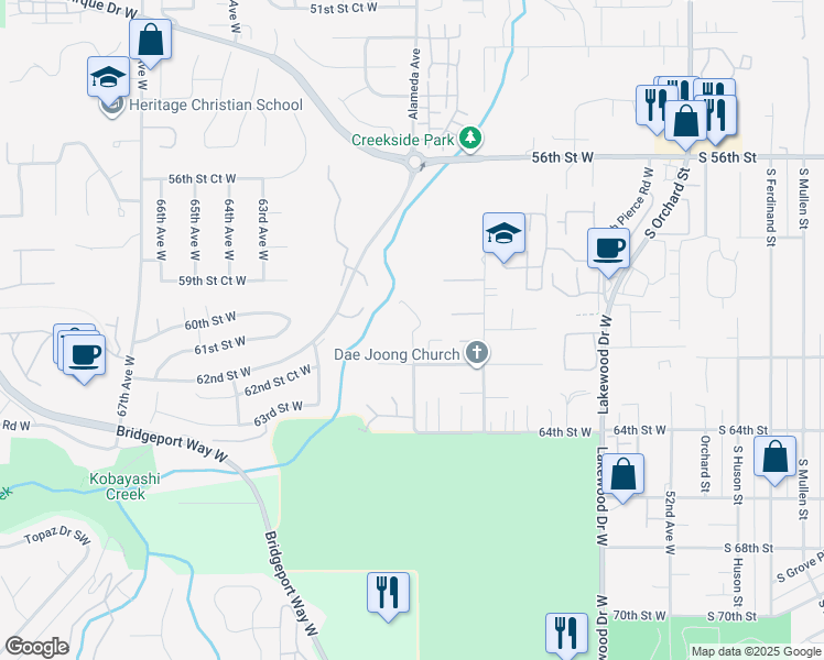 map of restaurants, bars, coffee shops, grocery stores, and more near 6019 Alameda Avenue West in University Place