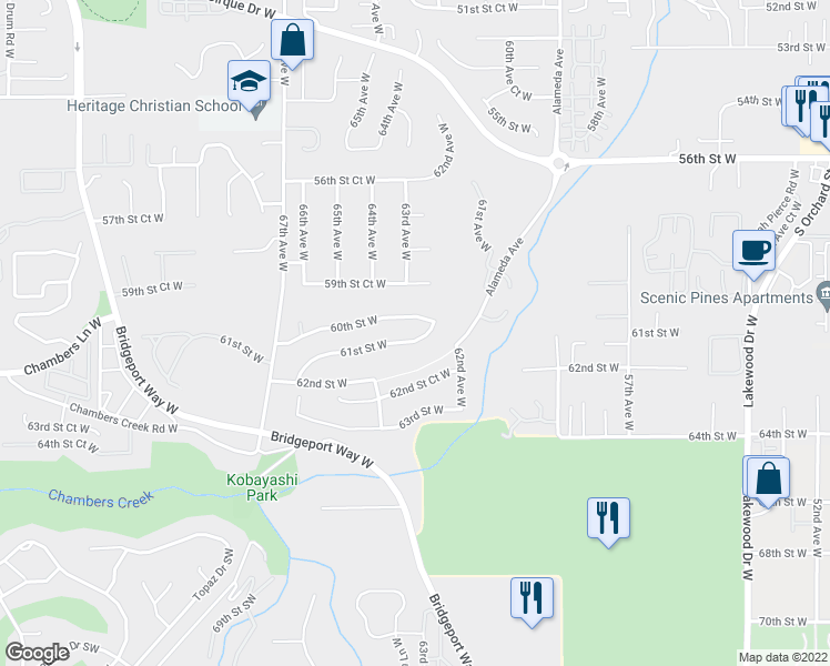 map of restaurants, bars, coffee shops, grocery stores, and more near 6313 61st Street West in University Place