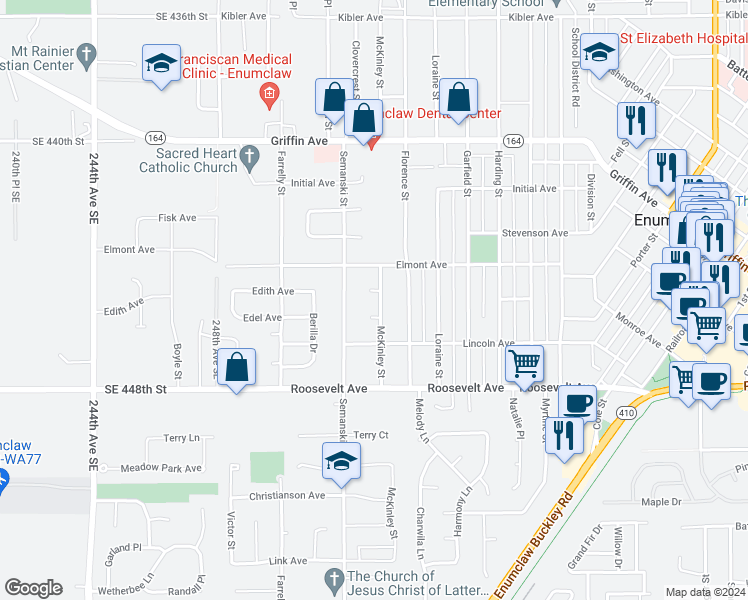 map of restaurants, bars, coffee shops, grocery stores, and more near 1214 McKinley Street in Enumclaw