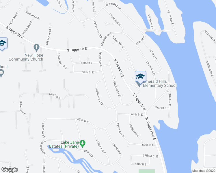 map of restaurants, bars, coffee shops, grocery stores, and more near 6013 190th Avenue East in Lake Tapps