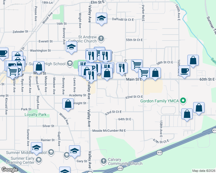 map of restaurants, bars, coffee shops, grocery stores, and more near 15201 61st Street East in Sumner
