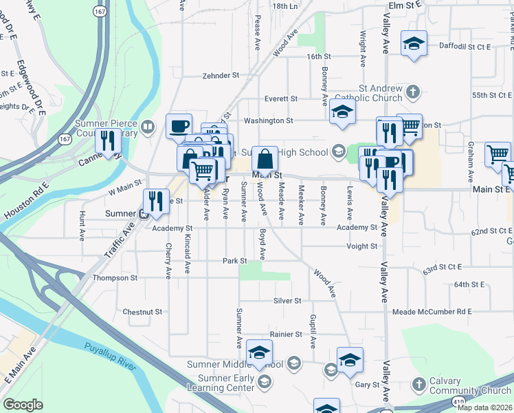 map of restaurants, bars, coffee shops, grocery stores, and more near 1314 Maple Street in Sumner