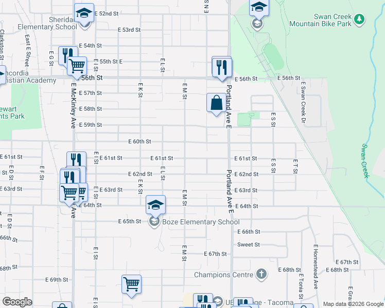 map of restaurants, bars, coffee shops, grocery stores, and more near 1321 East 61st Street in Tacoma
