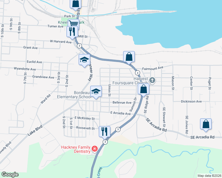 map of restaurants, bars, coffee shops, grocery stores, and more near 1514 Union Street in Shelton