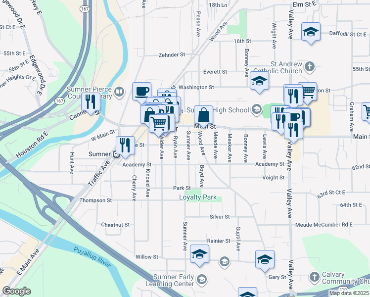 map of restaurants, bars, coffee shops, grocery stores, and more near 825 Sumner Avenue in Sumner