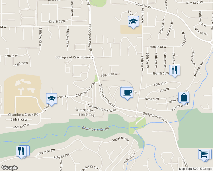 map of restaurants, bars, coffee shops, grocery stores, and more near 7103 61st Street West in University Place