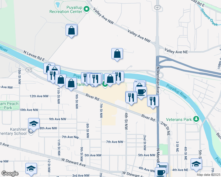 map of restaurants, bars, coffee shops, grocery stores, and more near 621 River Road in Puyallup