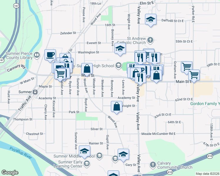 map of restaurants, bars, coffee shops, grocery stores, and more near 1620 Maple Street in Sumner