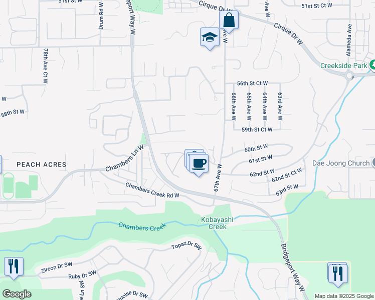 map of restaurants, bars, coffee shops, grocery stores, and more near 6945 61st Street West in University Place