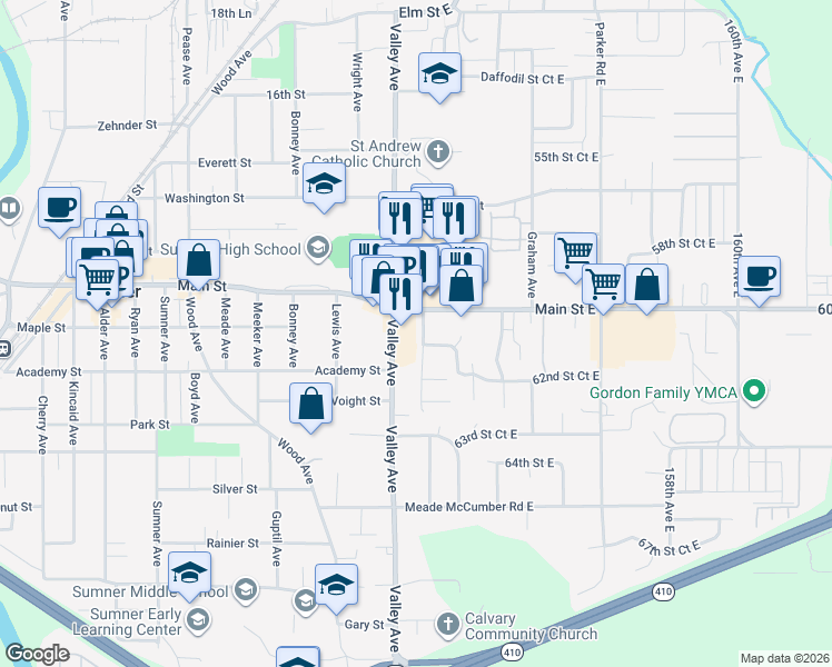 map of restaurants, bars, coffee shops, grocery stores, and more near 821 Valley Avenue in Sumner
