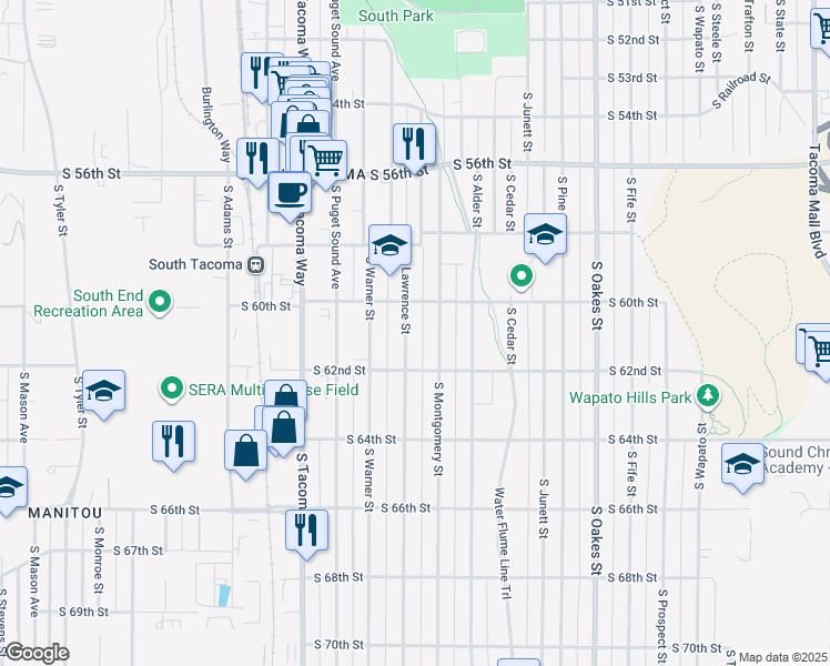 map of restaurants, bars, coffee shops, grocery stores, and more near 6025 South Lawrence Street in Tacoma
