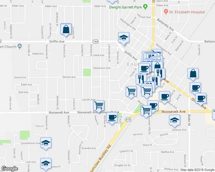 map of restaurants, bars, coffee shops, grocery stores, and more near 1204 Lafromboise Street in Enumclaw