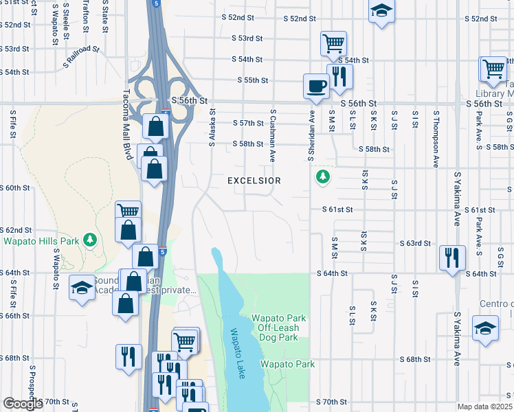 map of restaurants, bars, coffee shops, grocery stores, and more near 1517 South 61st Street in Tacoma