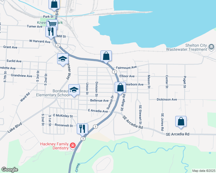 map of restaurants, bars, coffee shops, grocery stores, and more near 651 East Dearborn Avenue in Shelton