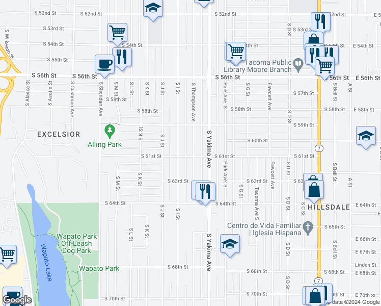 map of restaurants, bars, coffee shops, grocery stores, and more near 5946 South Thompson Avenue in Tacoma