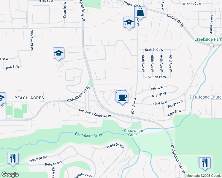 map of restaurants, bars, coffee shops, grocery stores, and more near 6945 61st Street West in University Place