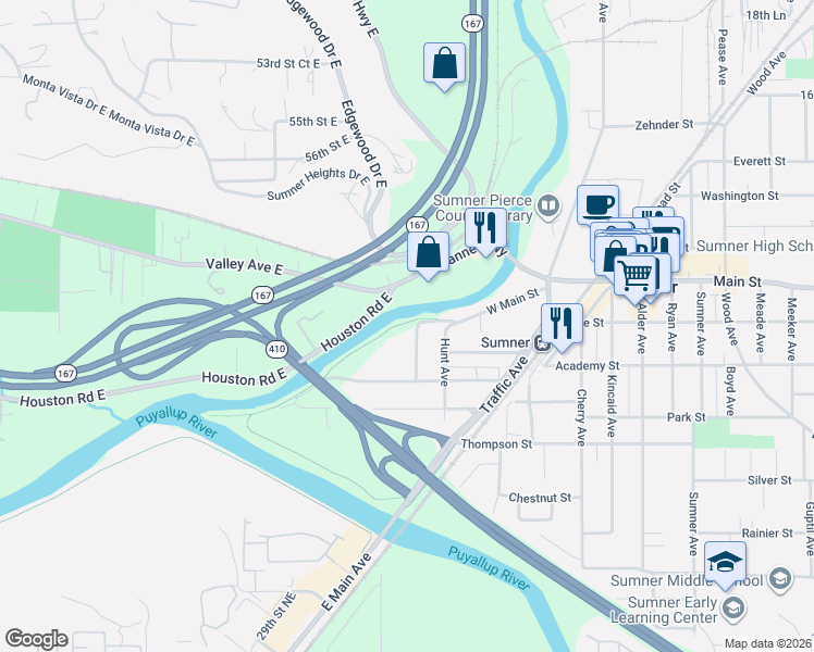 map of restaurants, bars, coffee shops, grocery stores, and more near 910 Spinning Avenue in Sumner