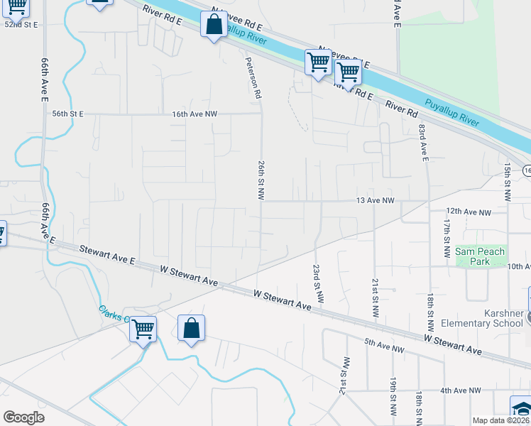 map of restaurants, bars, coffee shops, grocery stores, and more near 2509 12th Avenue Northwest in Puyallup