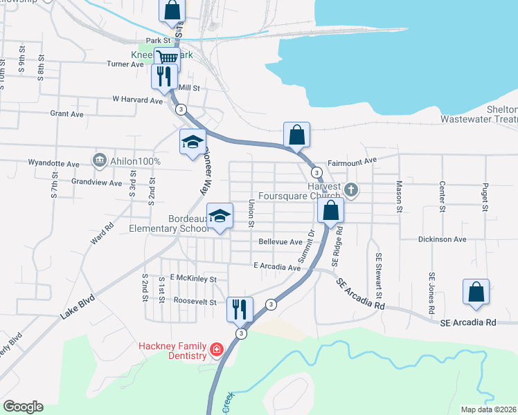 map of restaurants, bars, coffee shops, grocery stores, and more near 1514 Union Street in Shelton