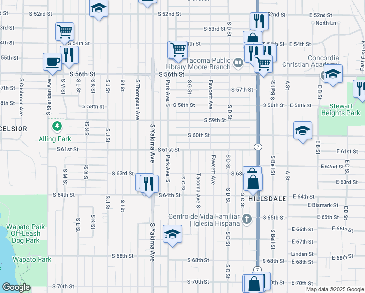 map of restaurants, bars, coffee shops, grocery stores, and more near 709 South 61st Street in Tacoma
