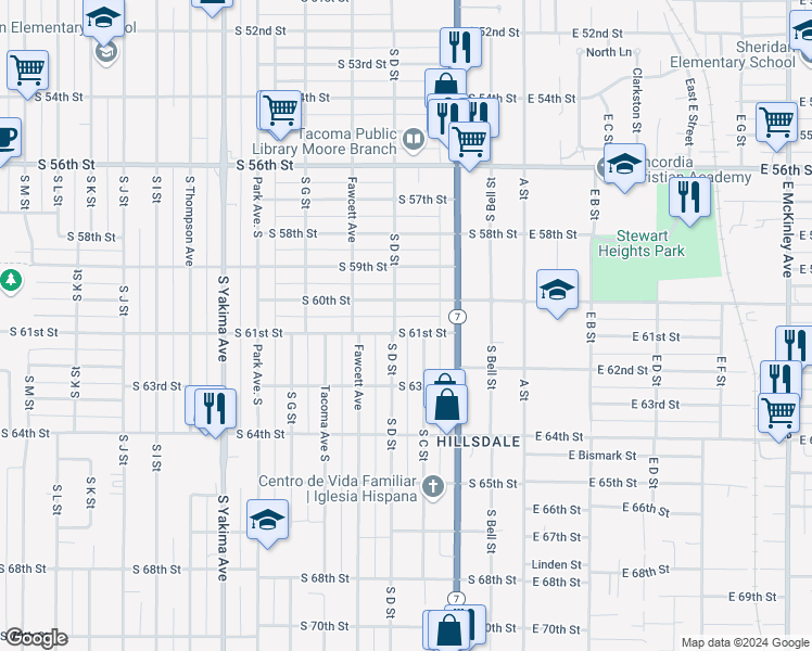map of restaurants, bars, coffee shops, grocery stores, and more near 239 South 61st Street in Tacoma
