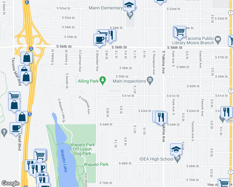 map of restaurants, bars, coffee shops, grocery stores, and more near 1109 South 61st Street in Tacoma