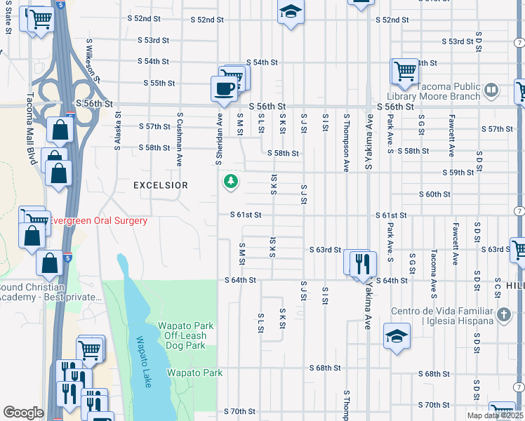 map of restaurants, bars, coffee shops, grocery stores, and more near 1109 South 61st Street in Tacoma