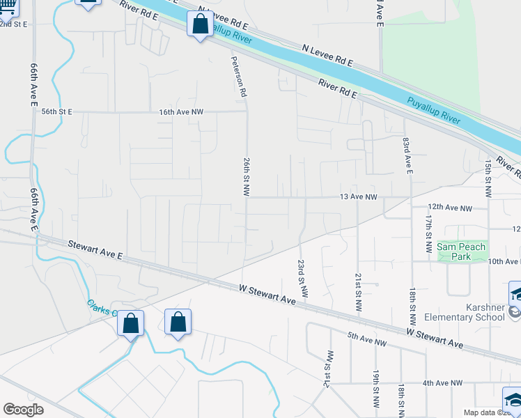 map of restaurants, bars, coffee shops, grocery stores, and more near 2509 12th Avenue Northwest in Puyallup