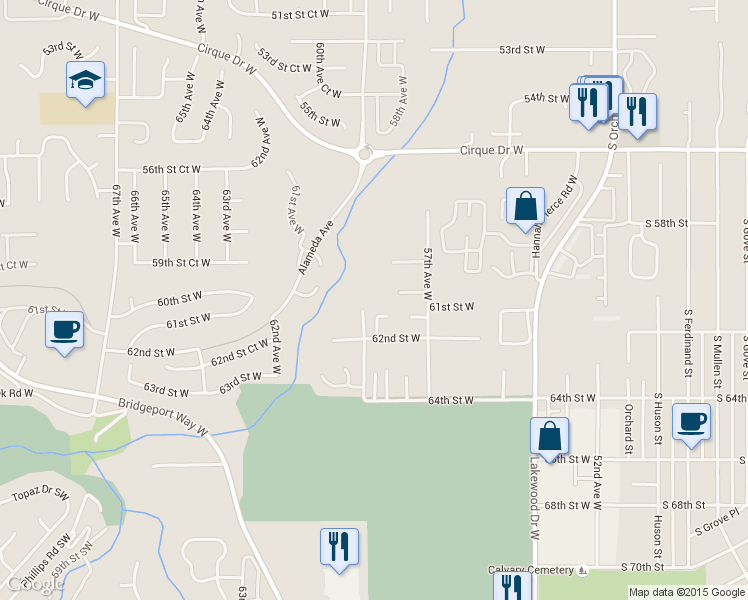 map of restaurants, bars, coffee shops, grocery stores, and more near 6019 Alameda Avenue West in University Place