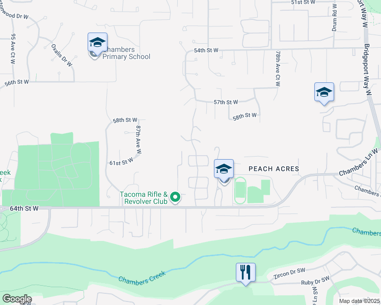 map of restaurants, bars, coffee shops, grocery stores, and more near 6104 84th Avenue Court West in University Place