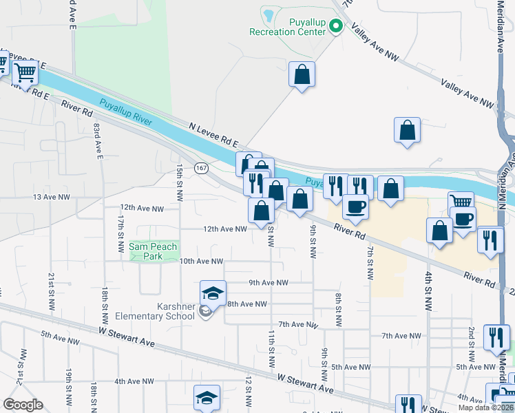 map of restaurants, bars, coffee shops, grocery stores, and more near 1114 River Road in Puyallup