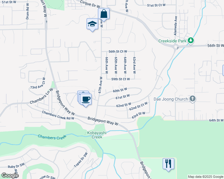 map of restaurants, bars, coffee shops, grocery stores, and more near 6529 60th Street West in University Place