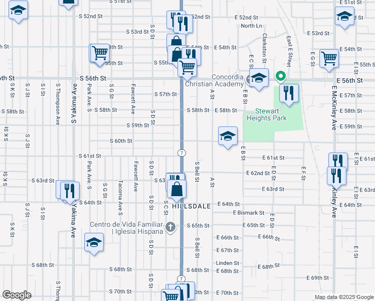 map of restaurants, bars, coffee shops, grocery stores, and more near 6020 South Bell Street in Tacoma
