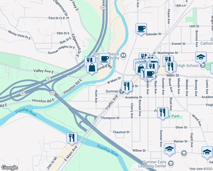 map of restaurants, bars, coffee shops, grocery stores, and more near 626-1/2 Main Street in Sumner