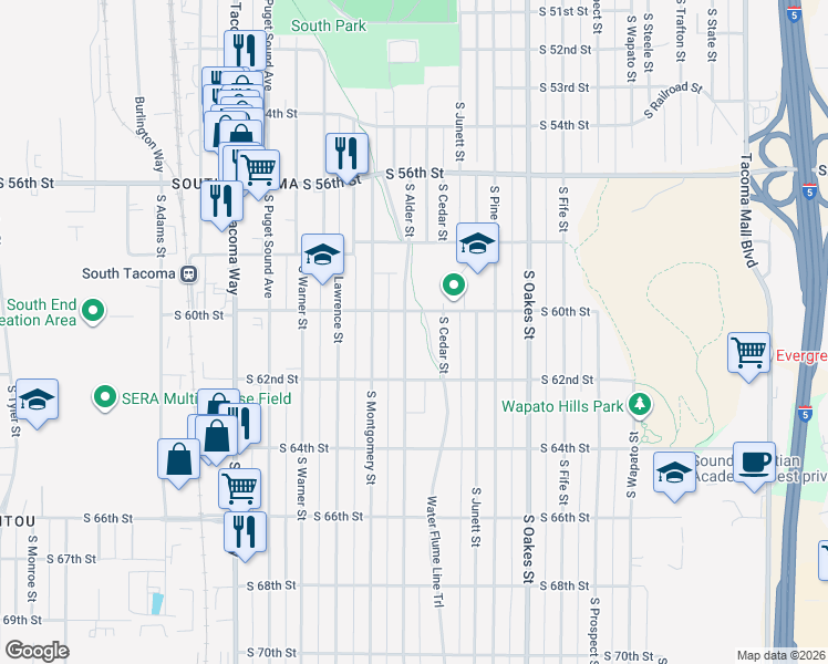 map of restaurants, bars, coffee shops, grocery stores, and more near 6025 South Alder Street in Tacoma
