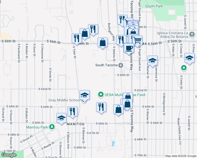 map of restaurants, bars, coffee shops, grocery stores, and more near 6002 South Adams Street in Tacoma