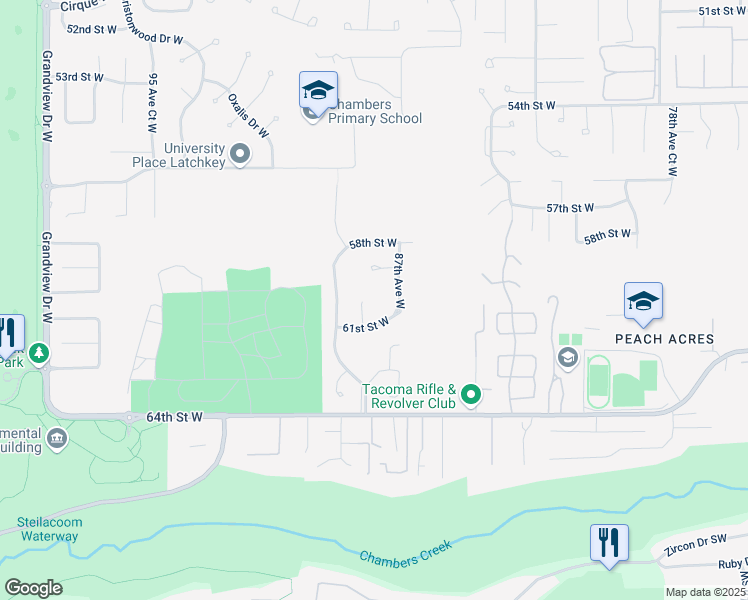 map of restaurants, bars, coffee shops, grocery stores, and more near 8709 61st Street West in Tacoma