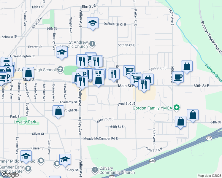 map of restaurants, bars, coffee shops, grocery stores, and more near 15324 Main Street in Sumner